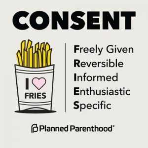 A Planned Parenthood promotional piece that states that consent is "Freely given," "Reversible", "Informed, "Enthusiastic", and "Specific", which is an acrostic poem that spells FRIES.
