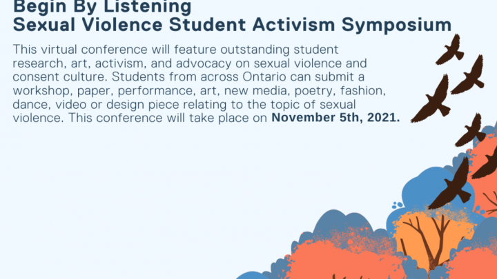 The promotional title for, "Begin By Listening Sexual Violence Student Activism Symposium" that took place November 5th, 2021. Registration is since closed.
