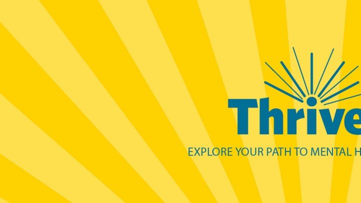 Alternating rows of dark and yellow stripes, which represent the rays of sun. Written over the top is the title, "Thrive: Explore your path to mental health".